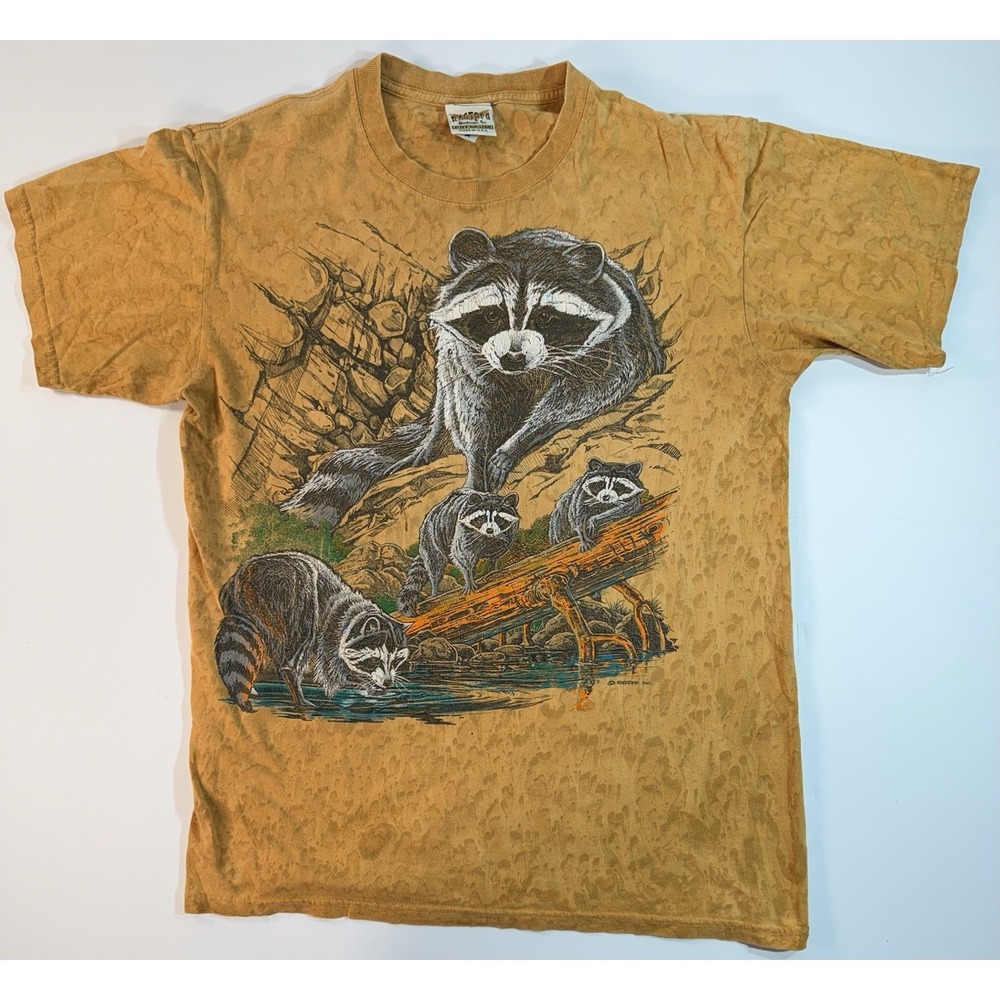 Vintage 90s Raccoon T Shirt Med All Over Print Nature Wildlife USA Made